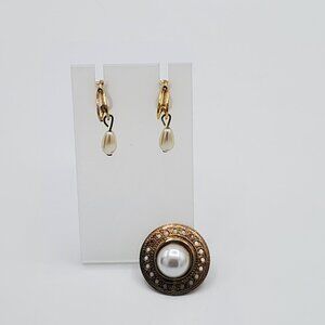 Vintage Luxury Set Faux Pearl Gold-Tone Brooch AND Clip-On Earrings